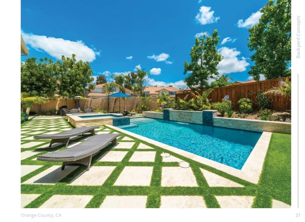 rectangle pool with geometric landscaping