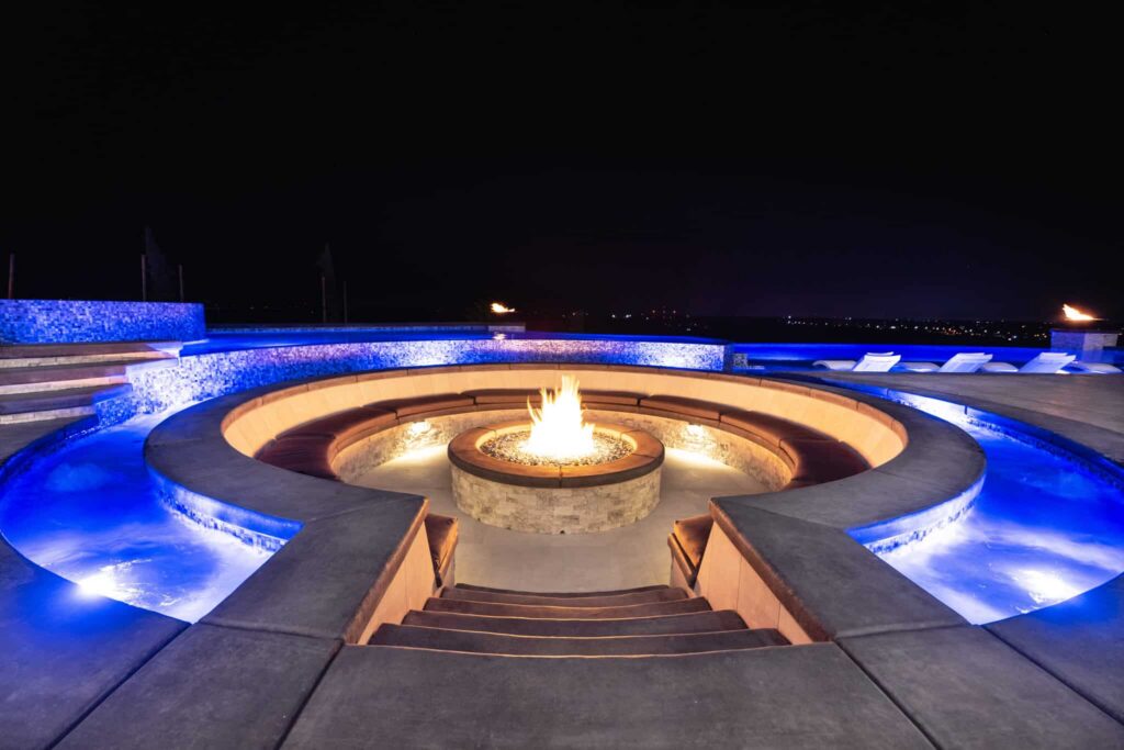 Modern fire pit with illuminated pool