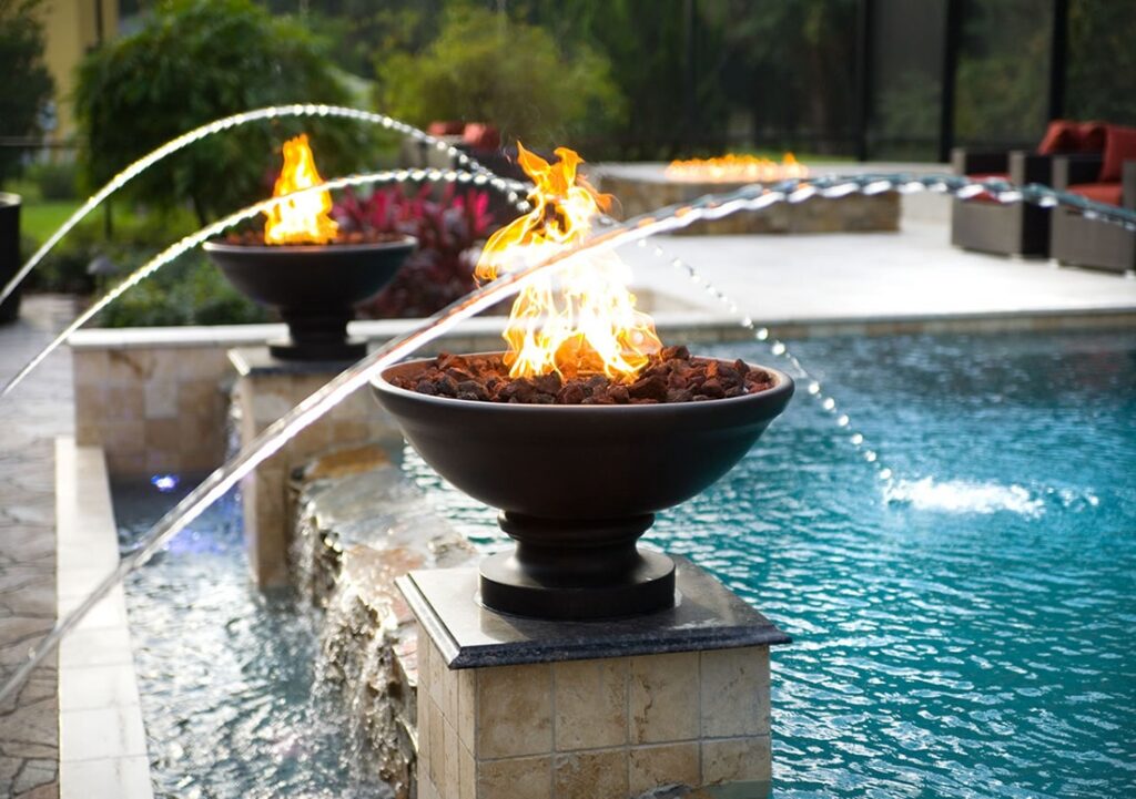 Fire and water features by pool
