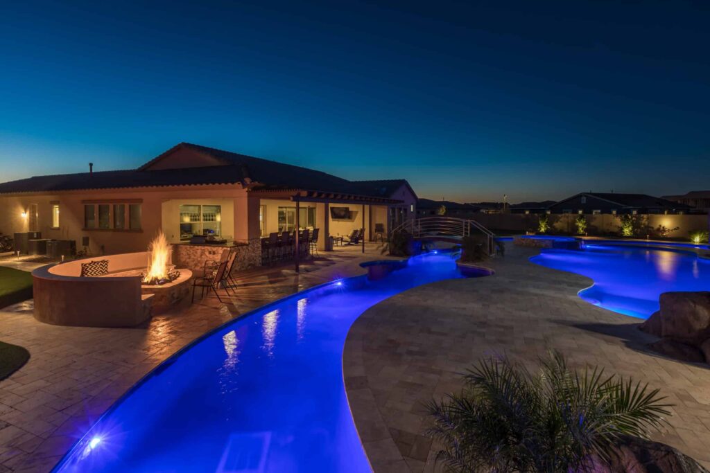 Elegant poolside at twilight.