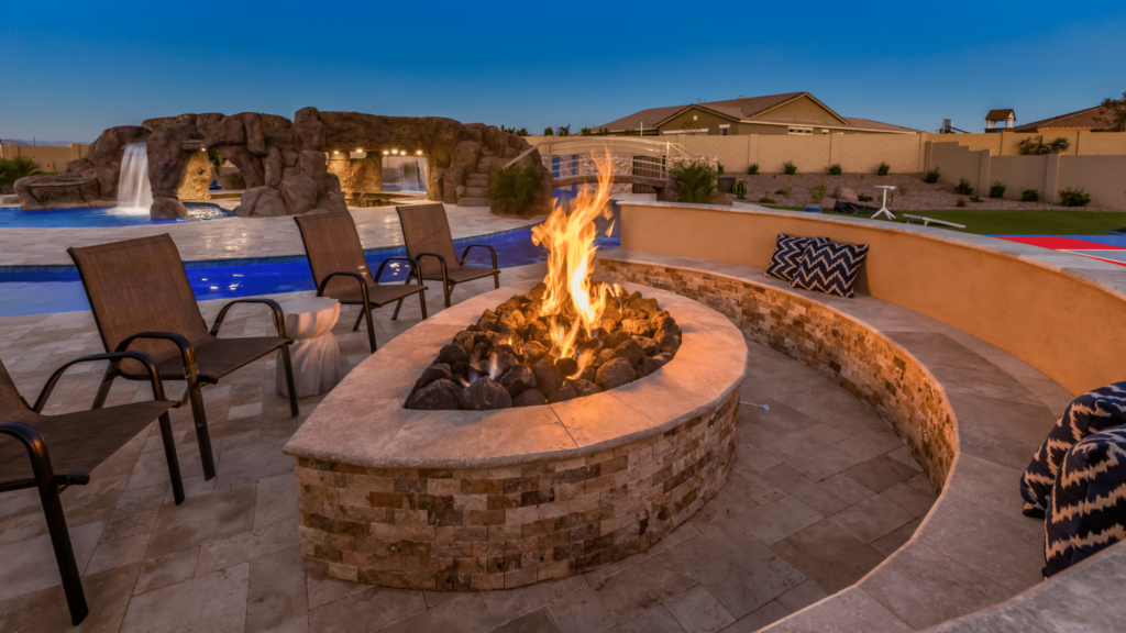 Cozy fire pit by the pool.