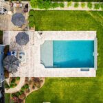 Aerial view of a backyard pool.